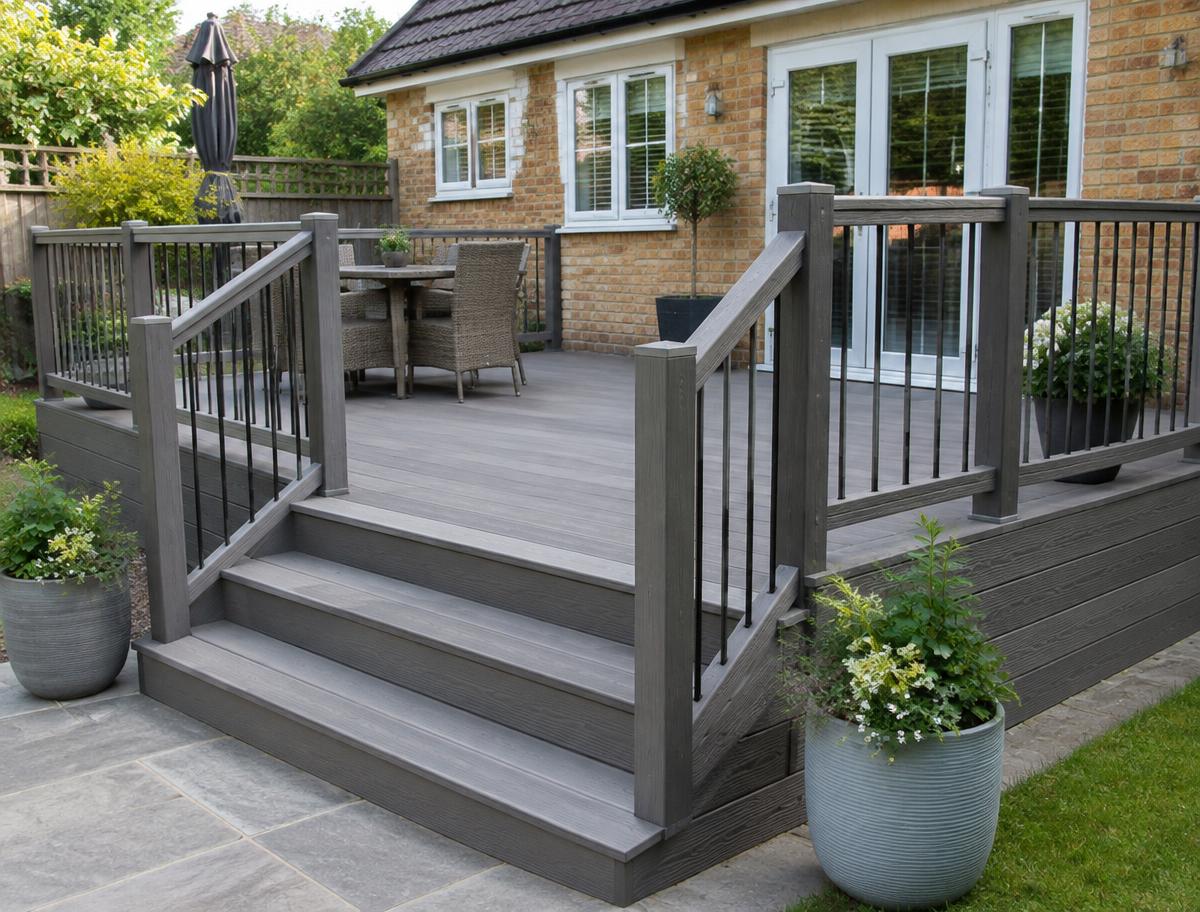 Example photo of grey decking with steps and a balustrade beside a brick house.