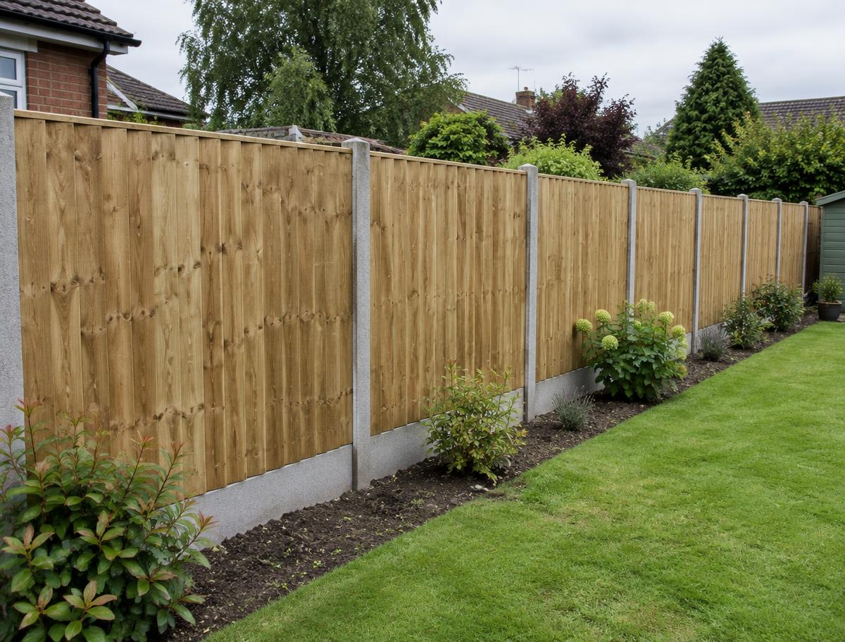 Example photo of a closeboard timber fence with concrete posts beside a lawn.