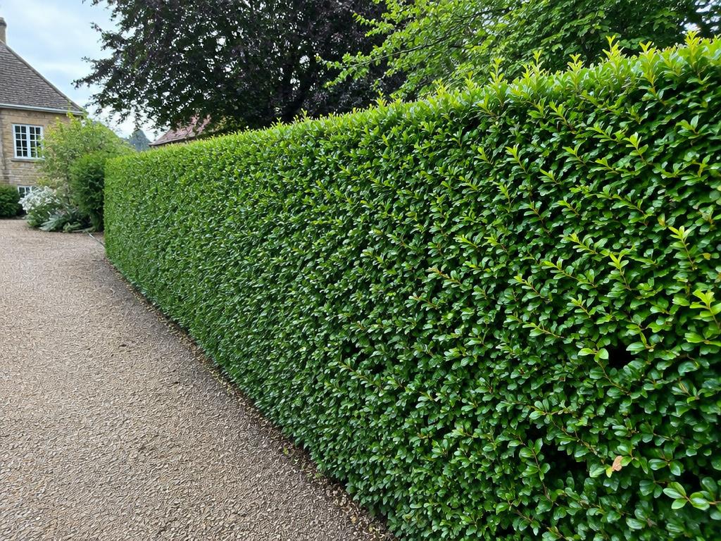 Example photo of a neatly trimmed hedge beside a gravel path.