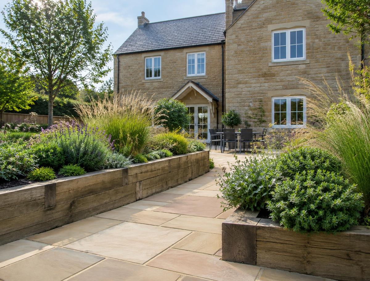 Example photo of a sandstone patio with raised timber sleeper beds and ornamental grasses.