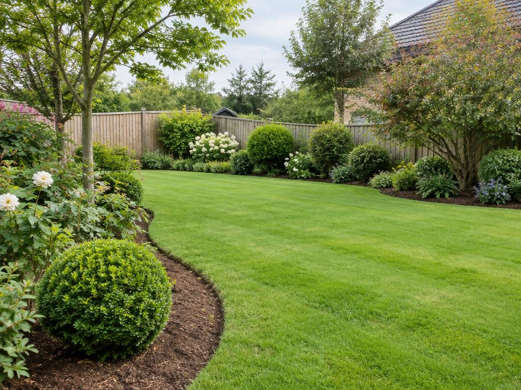 Example photo of a tidy garden with neat lawn edges and mulched borders.