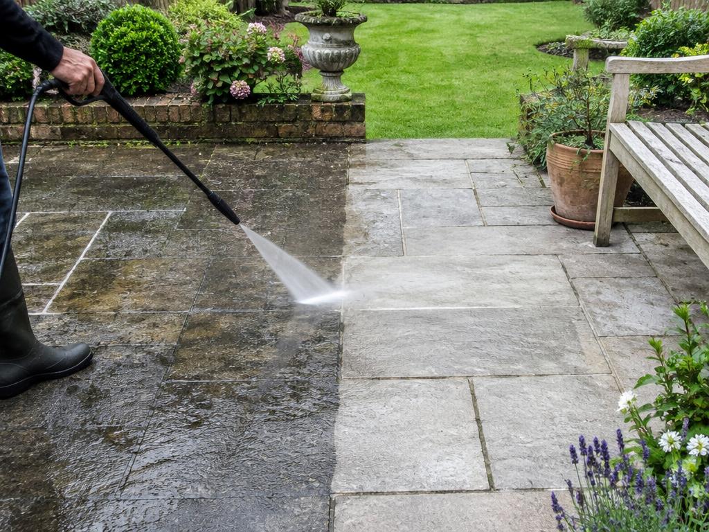 Example photo of a stone patio during pressure washing, showing a clean and unclean section.