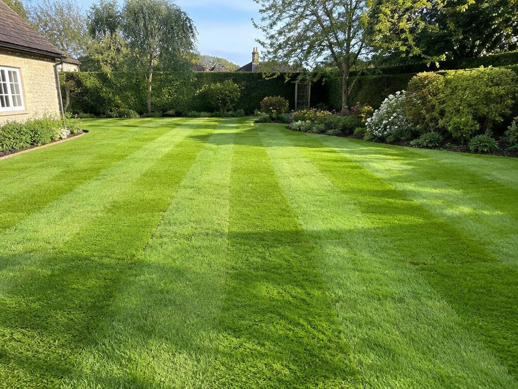 Example photo of a freshly cut, striped lawn in a large garden.